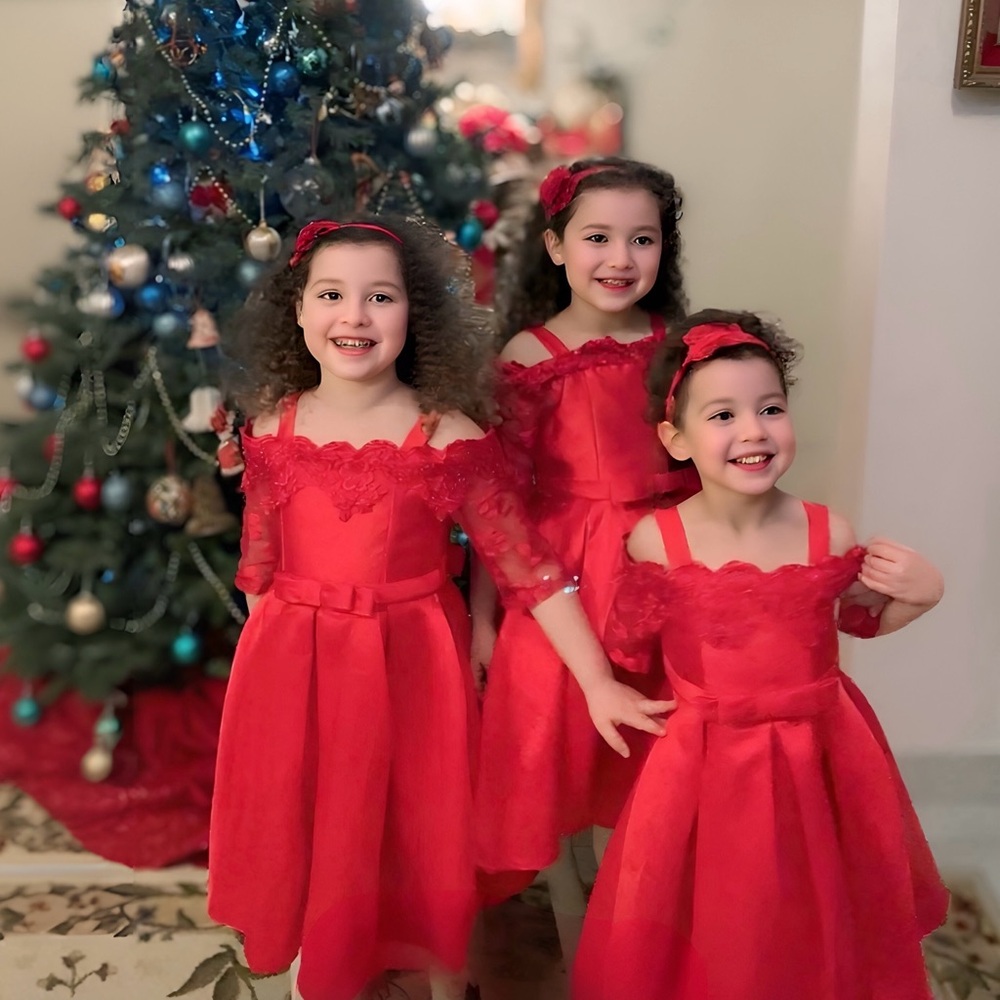 Red Lace Girls' Christmas party Dresses off shoulder